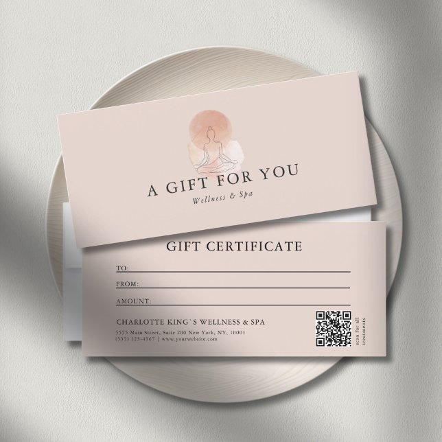 Certificado de regalo de código QR de yoga de muje (Custom Minimal Line Art Woman Yoga Meditation QR Code Gift Certificate)