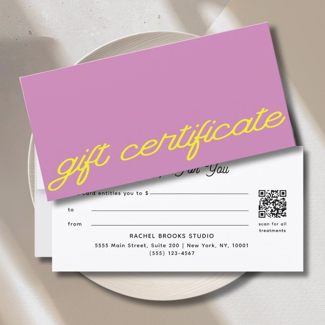 Certificado de regalo de código QR rosa malva de e (Modern Script Mauve Pink QR Code Gift Certificate)