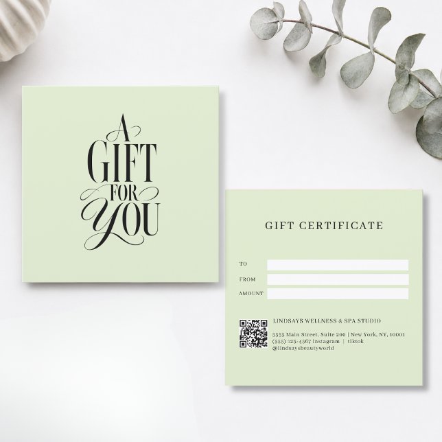 Certificado de regalo de código QR verde con letra (Modern Script Font Green QR Code Gift Certificate)