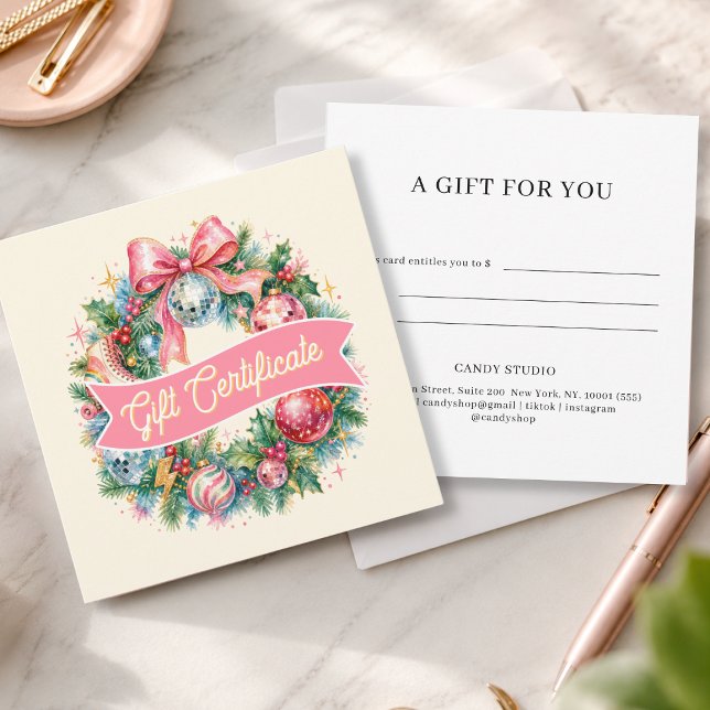 Certificado de regalo de corona de Navidad Retro D (Retro Disco Christmas Wreath Beige Gift Certificate)