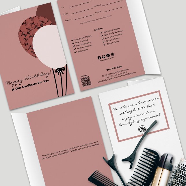 Certificado de regalo de cumpleaños feliz de hairs (Pink Hairstylist Happy Birthday Gift Certificate, Professional SMB Services, QR Code, Logo,  )