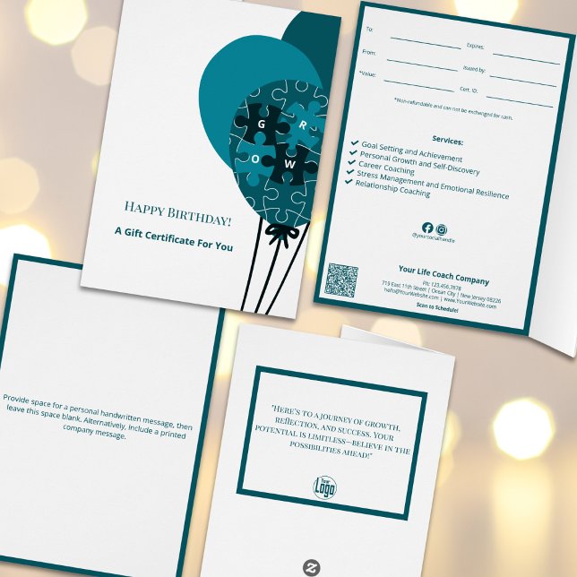 Certificado de regalo de cumpleaños feliz para pym (Teal Balloon SMB Happy Birthday Gift Certificate, To, From, Value, Expiry, By, Tracking ID, Terms)