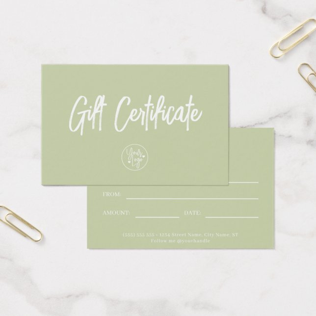 Certificado de regalo de cupón moderno verde sage (Oficina)