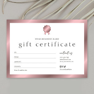 Certificado de regalo de efecto bronce rosa de sal