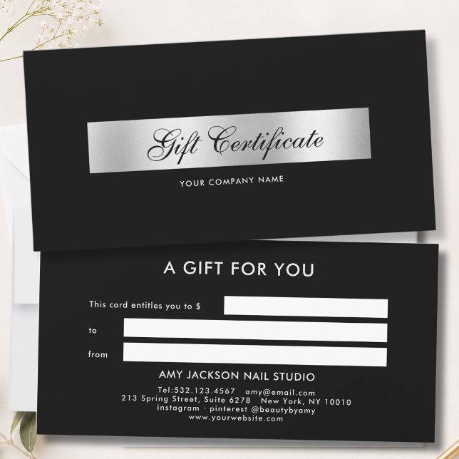 Certificado de regalo de elegante franja negra pla (Elegant Black Silver Stripe Gift Certificate)