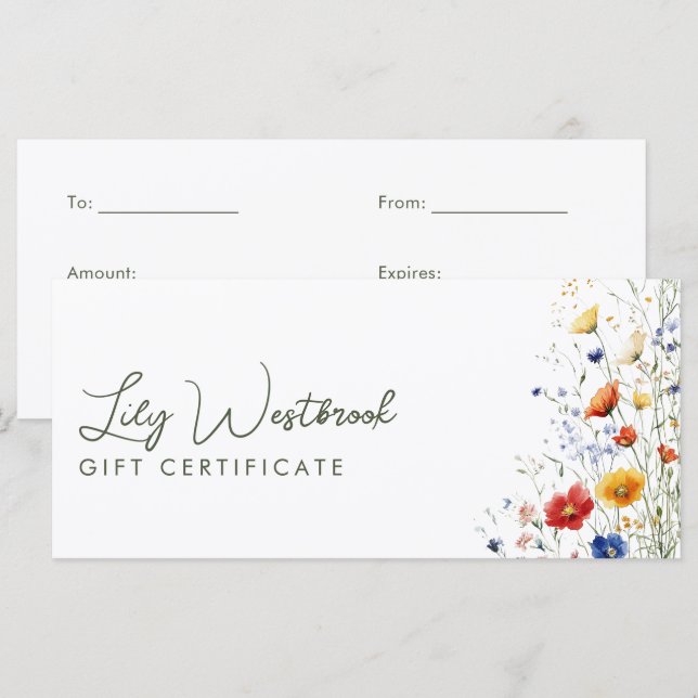 Certificado de regalo de flores silvestres elegant (Anverso / Reverso)