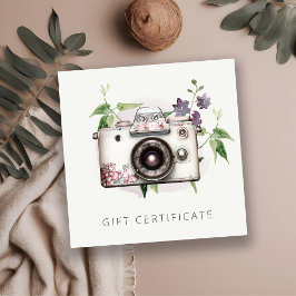 Certificado de regalo de fotografía de cámara flor