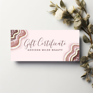 Certificado de regalo de geoda de ágata rosa dorad