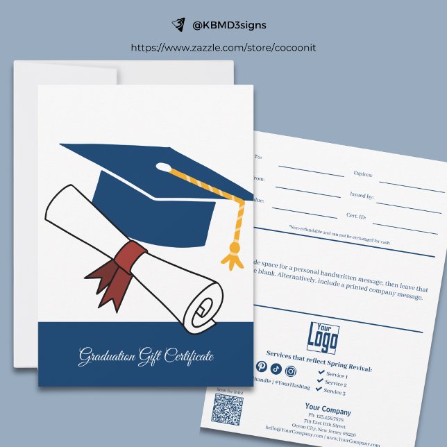 Certificado de regalo de graduación en blanco azul (Business Blue White Graduation Gift Certificate)