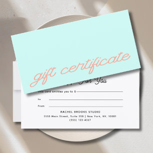 Certificado de regalo de guión moderno de menta