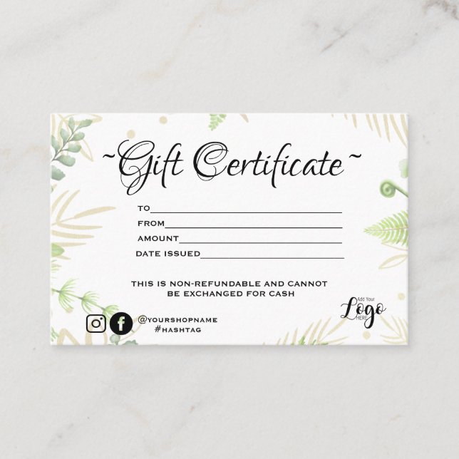 Certificado de regalo de helecho verde minimalista (Anverso)