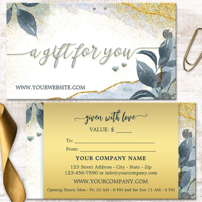 Certificado de regalo de hojas artísticas de oro e (Business card size gift certificate featuring an artistic design with leaves on gold sparkles)