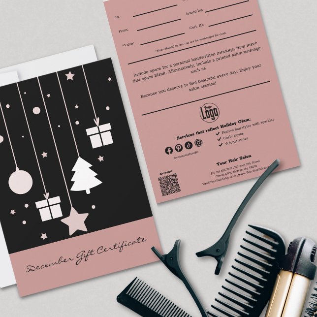 Certificado de Regalo de Invierno para Pequeñas Em (Stylish Black and Pink December Gift Certificate, QR code, Logo, Note, Cert ID, Service List, Social)