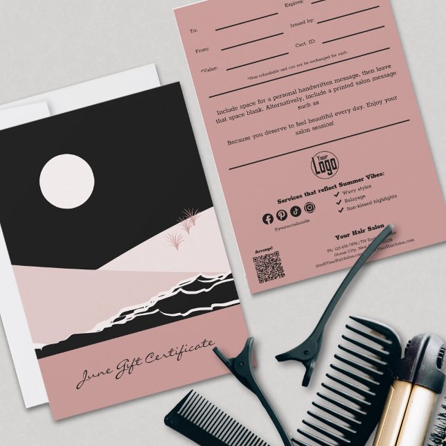 Certificado de regalo de junio de estilo negro ros (Modern Pink Black Stylist June Gift Certificate, Logo, Social, QR Code)