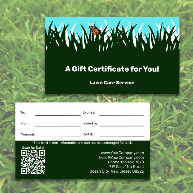 Certificado de regalo de la Compañía de Servicios  (Lawn Care Service Company Gift Certificate, Green & White)