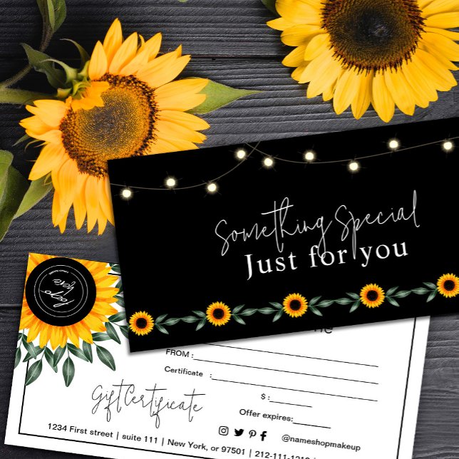 Certificado de regalo de la puesta de sol con gira (Sunset Gift Certificate with Sunflower #sunflowersgiftcard #zazzlemade #calligraphic #bloomspring)