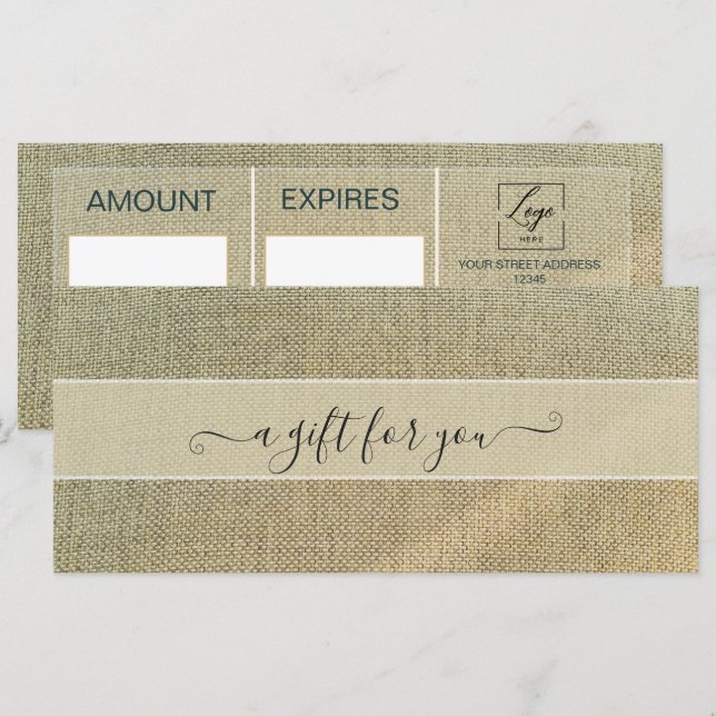 Certificado de regalo de lino beige rústico (Anverso / Reverso)