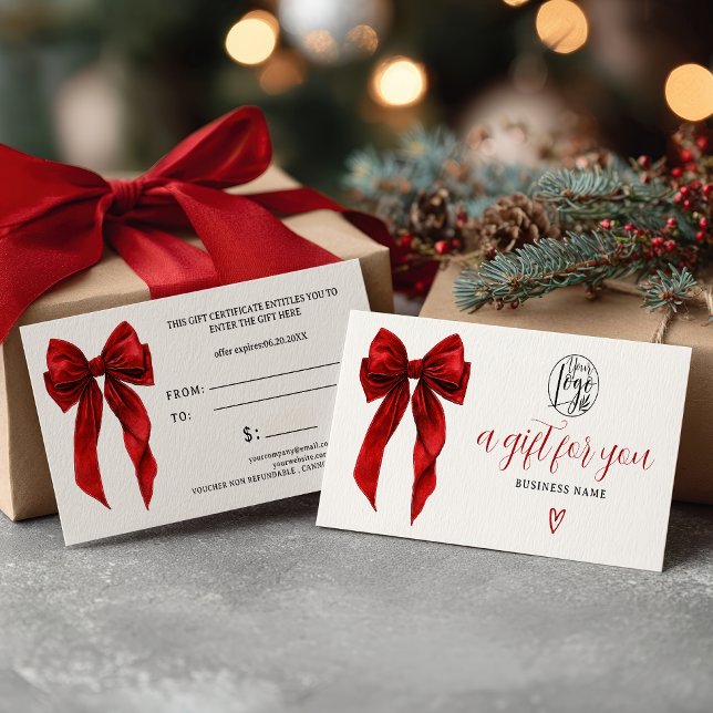 Certificado de regalo de logo de lazo coqueto rojo (Red Coquette Bow Christmas logo gift certificate)
