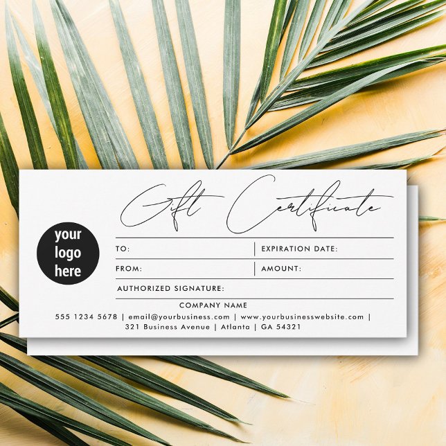 Certificado de regalo de logotipo comercial con gu (Modern Script Business Logo Gift Certificate White)