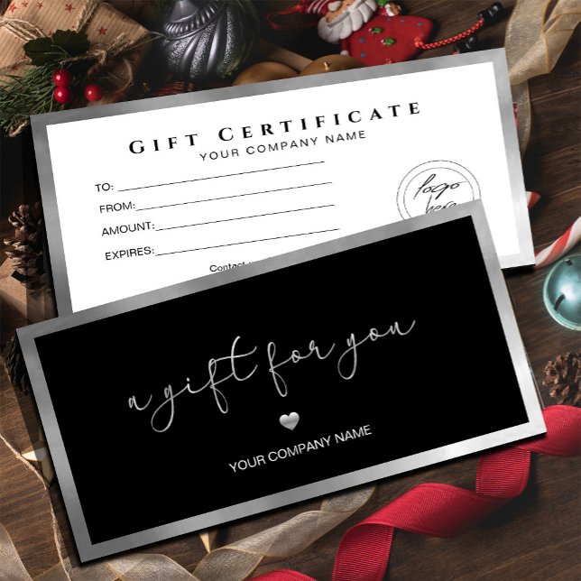 Certificado de regalo de logotipo negro y plateado (#giftcertificate #silverframegiftcard #giftcard #Christmas #holiday #newyear #caligraphic #silvfoil )