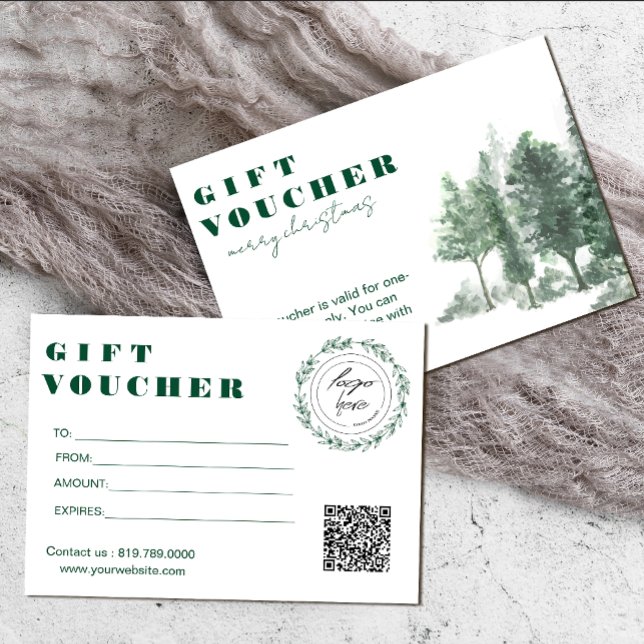 Certificado de regalo de logotipo para la adición  (Pine Tree Forest Rustic Add Logo Gift Certificate #pinetrees #zazzlemade #christmas #vouchercard)