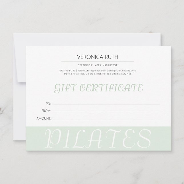 Certificado de regalo de los Pilates verdes de la  (Anverso)