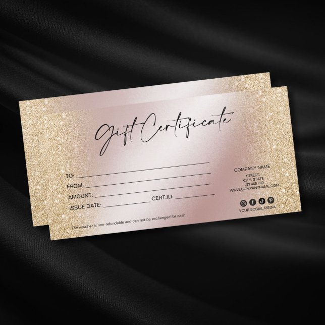 certificado de regalo de lujo moderno añadir logot (rose gold and gold glitter elegant gift voucher with modern typography)