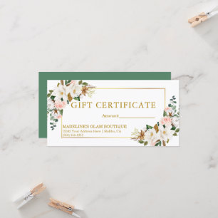 Certificado de regalo de magnolias rosas acuarela 