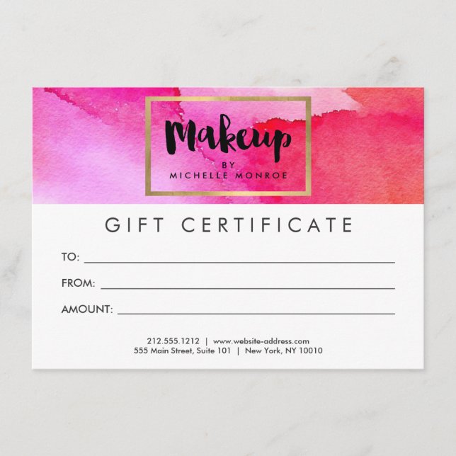 Certificado de regalo de maquillaje de acuarelas r (Anverso)