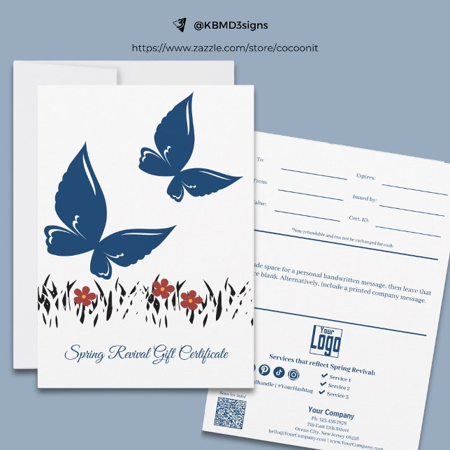 Certificado de regalo de mariposas de primavera pr (Professional Spring Butterflies Gift Certificate, Blue, White, Black Lawn Silhouette, Red Blooms)