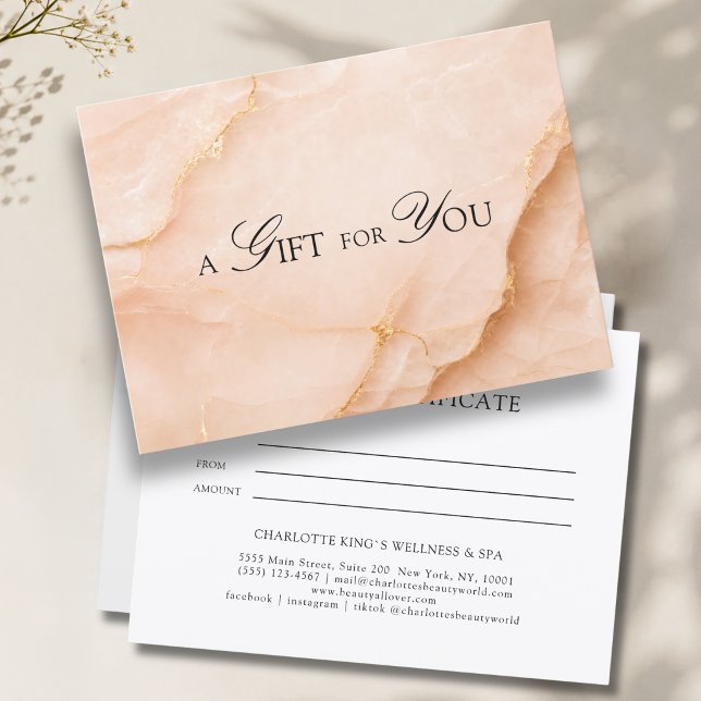 Certificado de regalo de mármol azul elegante (A Gift for You! Peach Gold Marble Gift Certificate)