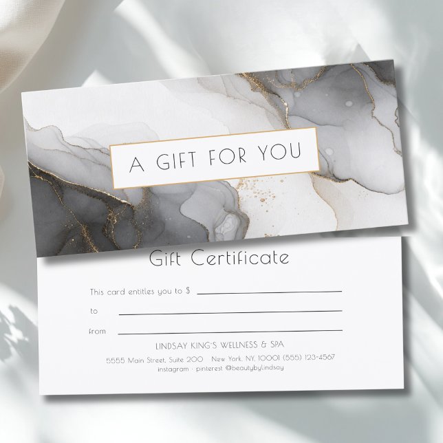 Certificado de regalo de mármol negro gris oro de  (Luxury Black Gray Gold Marble Gift Certificate)