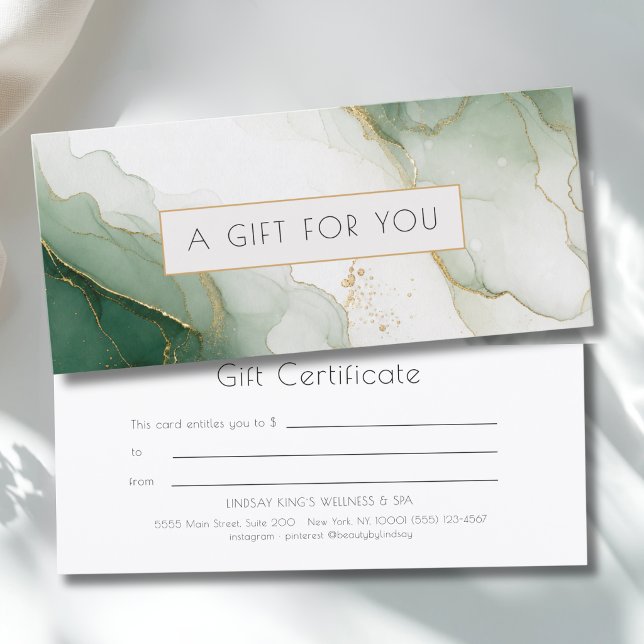 Certificado de regalo de mármol verde dorado de lu (Luxury Green Gold Marble Gift Certificate)