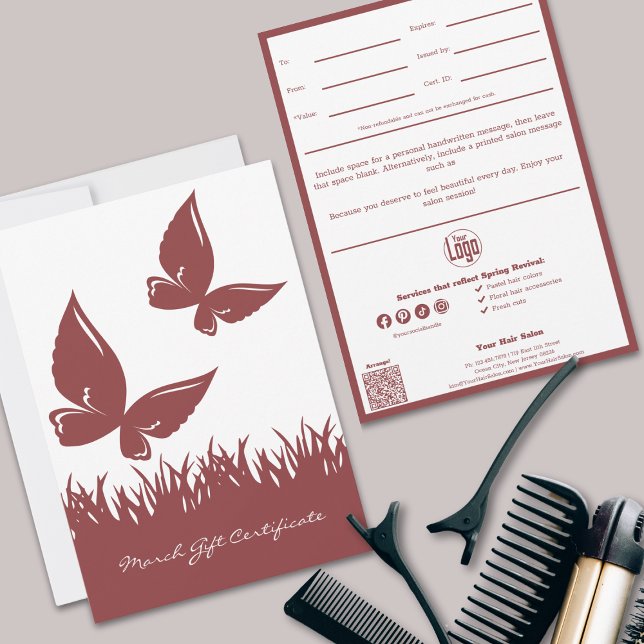 Certificado de regalo de marzo de QR Code Services (QR Code Services Note March Gift Certificate, Smoky Topaz White, Butterflies)