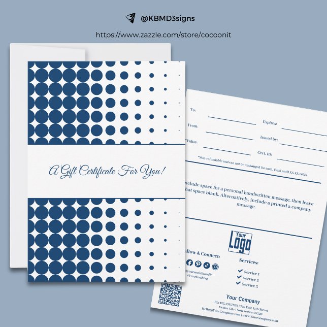 Certificado de regalo de media tonalidad azul prof (Professional Blue White Half Tone Gift Certificate, Track.ID., Personal Note, Logo, SM, Service)