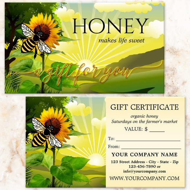 Certificado de regalo de mercado para granjeros de (Gift certificate featuring an artistic illustration with sunflower and honey bee on fresh greenery)