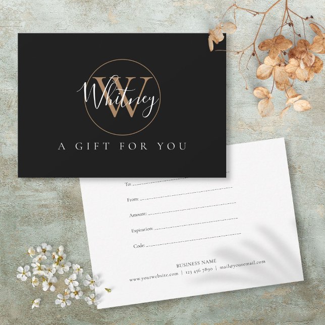 Certificado de regalo de monograma negro blanco Sc (Script Monogram Black White Gold Gift Certificate)