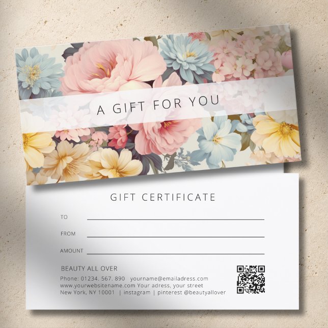 Certificado de regalo de negocio con código QR flo (Vintage Floral QR Code Business Gift Certificate)