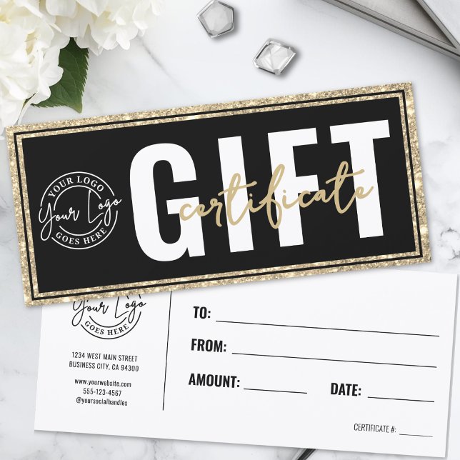 Certificado de regalo de negocio de purpurina negr (Logo Black Gold Glitter Business Gift Certificate)