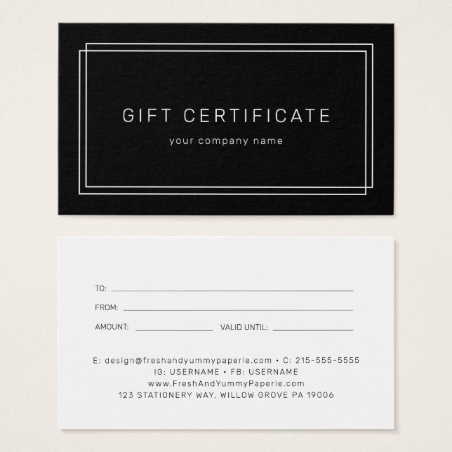 Certificado de regalo de negocio negro moderno de  (Anverso y reverso)