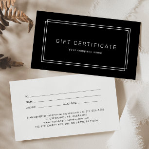 Certificado de regalo de negocio negro moderno de