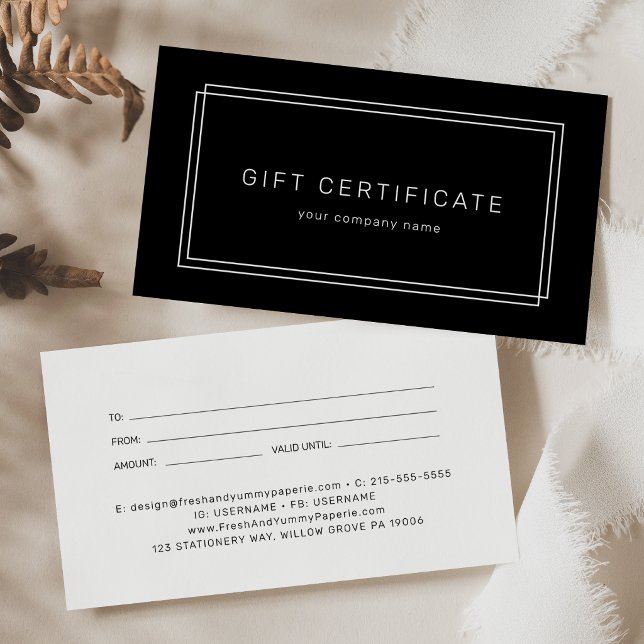 Certificado de regalo de negocio negro moderno de  (AVERY Modern Black Business Gift Certificate)