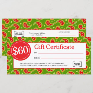 Certificado de regalo de negocio personalizado $60