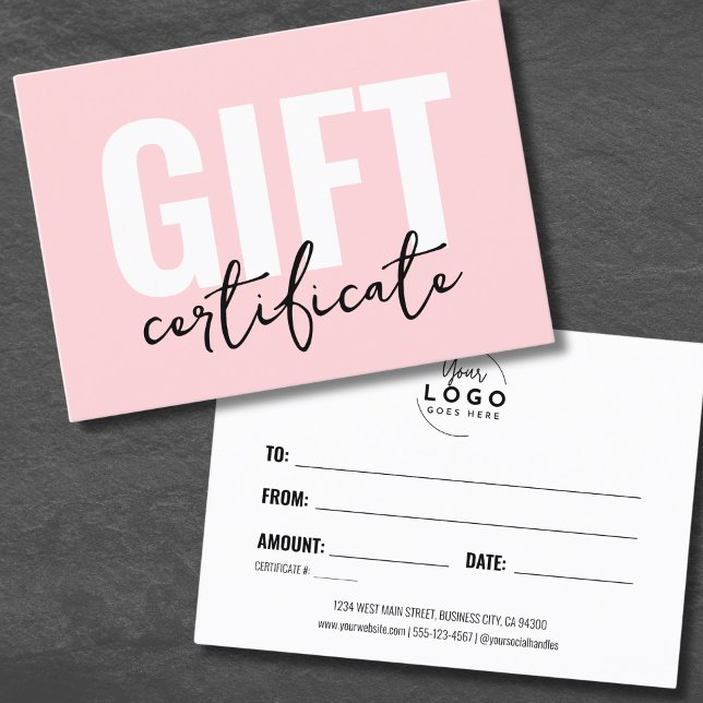 Certificado de regalo de negocio rosa minimalista (Your Logo Pink Minimal Business Gift Certificate)