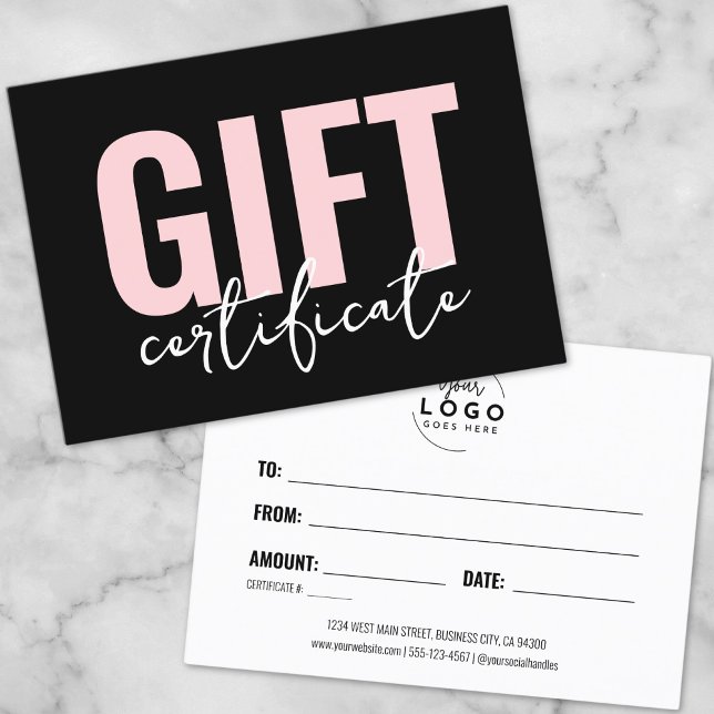 Certificado de regalo de negocio rosa moderno negr (Logo Modern Pink Black Business Gift Certificate)