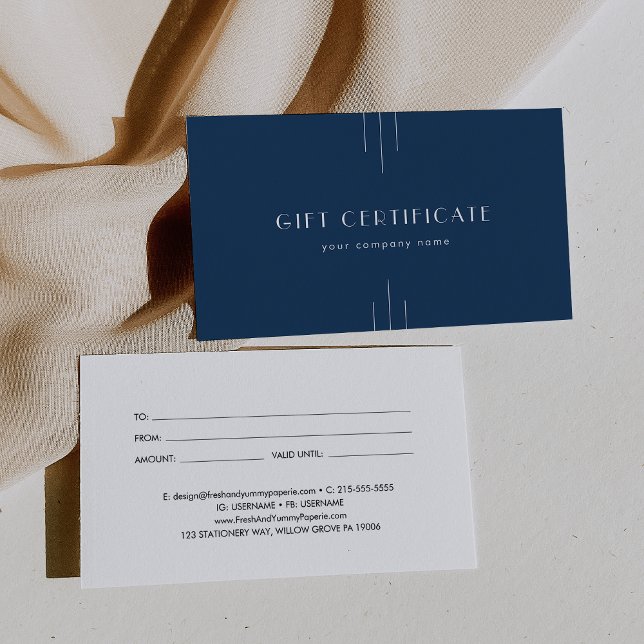 Certificado de regalo de negocios Everly Art Deco  (EVERLY Art Deco Navy Business Gift Certificate)