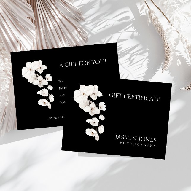 Certificado de regalo de negocios para orquídeas b (Modern Black and White QR Code Orchids Flowers Business Gift Certificate)