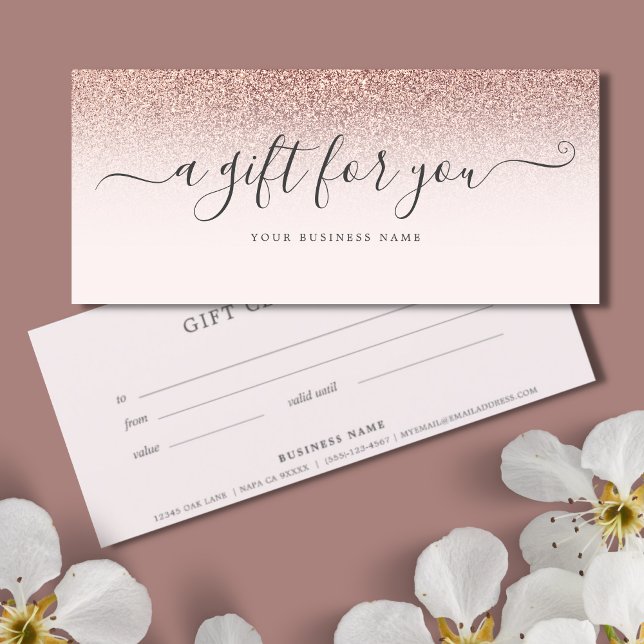 Certificado de regalo de negocios Rosa Ombre de or (Rose Gold Glitter Business Gift Certificate)