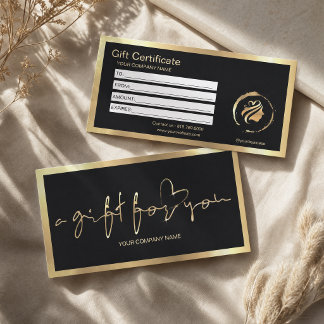 Certificado de regalo de negro elegante y hoja de
