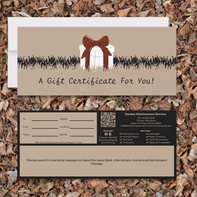Certificado de regalo de nota personal de mantenim (Garden Maintenance Personal Note Gift Certificate, Khaki & Black)